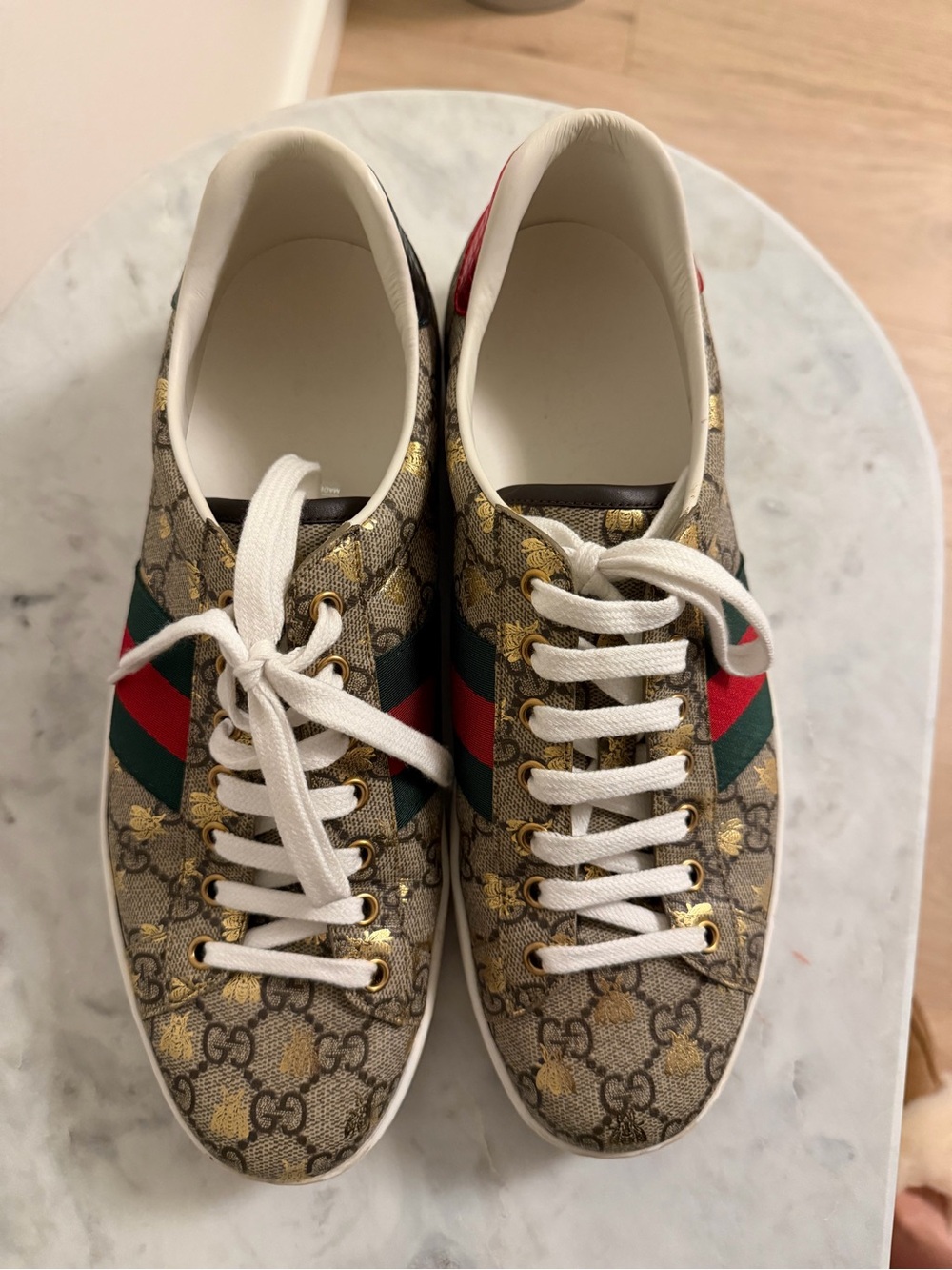 Gucci Beige GG Monogram Sneakers with Red & Green Stripe
